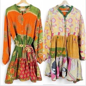 Kantha Bae Boho Hippie Reversible Long Puff Sleeve Button Down Ruffle Dress OS